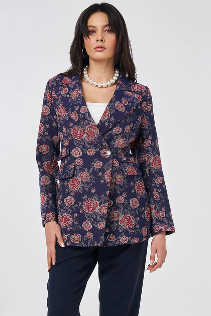 Floral Patterned Blazer Jacket Navy Blue