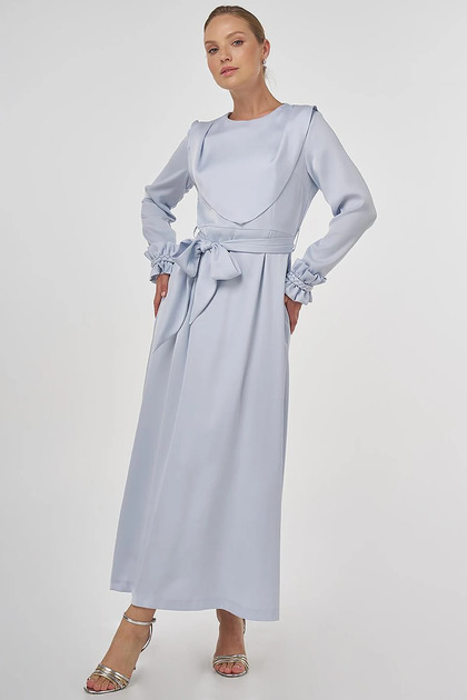 Collar Detailed Satin Dress Blue