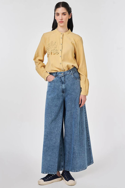 Washable Wide Leg Denim Trousers Blue