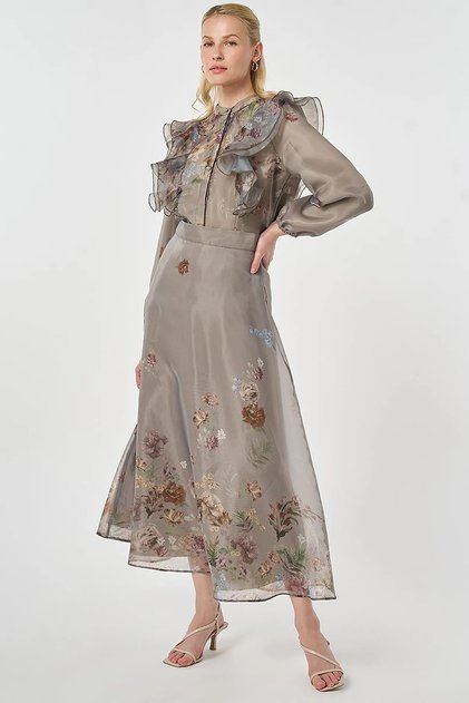 Ruffle Detail Organza Skirt Set Moss Green