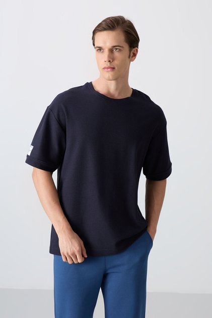 Navy Blue Cotton Thick Surface Textured Oversize Fit Basic Men's T-Shirt - 88339