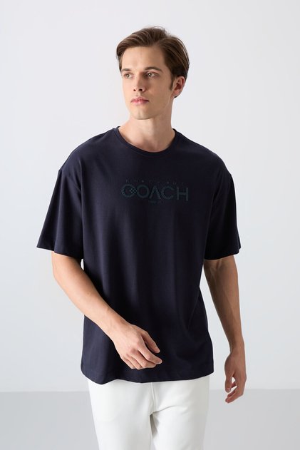 Navy Blue Cotton Thick Soft Textured Oversize Fit Printed Men's T-Shirt - 88329