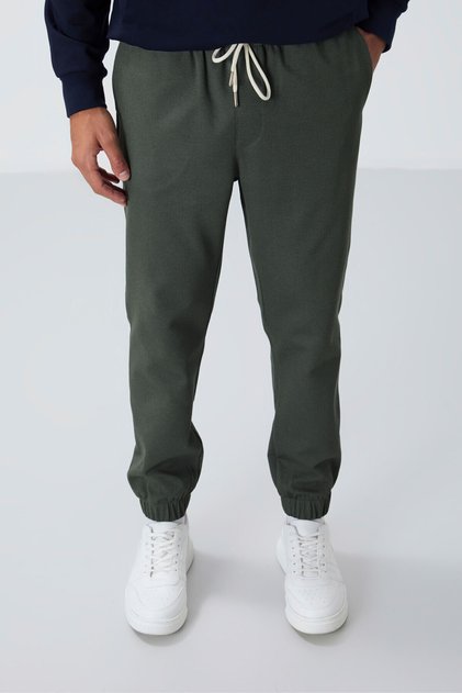 Khaki Surface Textured Standard Fit Men's Tracksuit Bottom - 82156