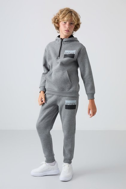 Gray Melange Cotton Thick Fleece Lined Standard Fit Printed Boys' Tracksuit Set - 11246