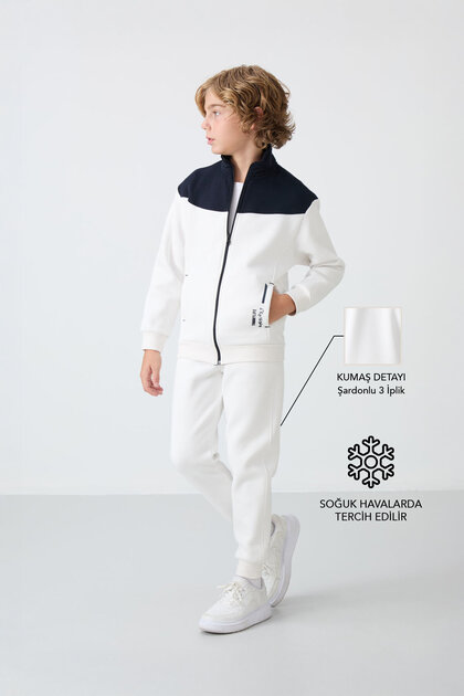 Ecru Cotton Thick Fleece-Lined Soft-Textured Standard Fit Embroidered Boys' Tracksuit Set - 11240