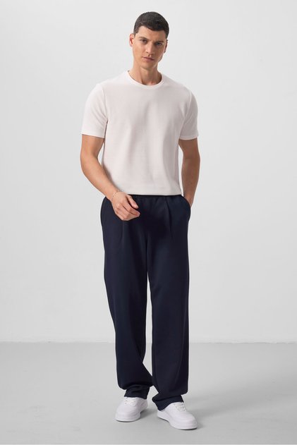 Navy Blue Surface Textured Comfortable Form Palazzo Men's Trousers - 82163