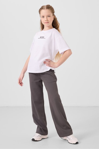 White-Dark Grey O Neck Printed Wide Leg Standard Fit Girl Palazzo Tracksuit Suit - 75171