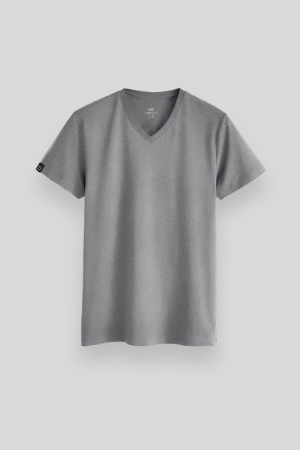 Gray Melange Basic Short Sleeve Standard Fit V-Neck Men's T-Shirt - 87912