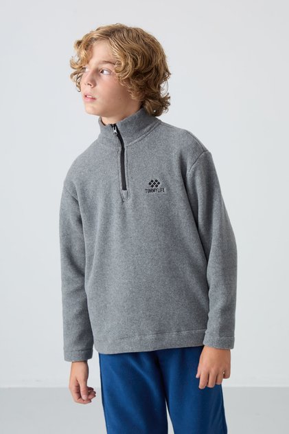 Gray Melange Thick Soft Textured Standard Fit Embroidered Fleece Boys' Sweatshirt - 11221