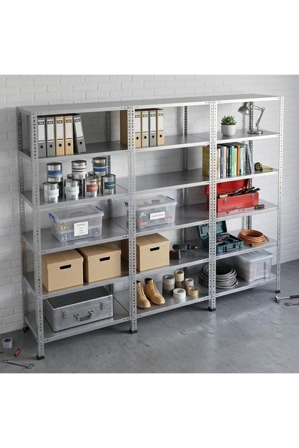 6 Katlı 3'lü Galvaniz Çelik Raf - Depo, Arşiv, Kiler, Dosya, Market Rafı 43x60 cm-200 cm-0.70 mm