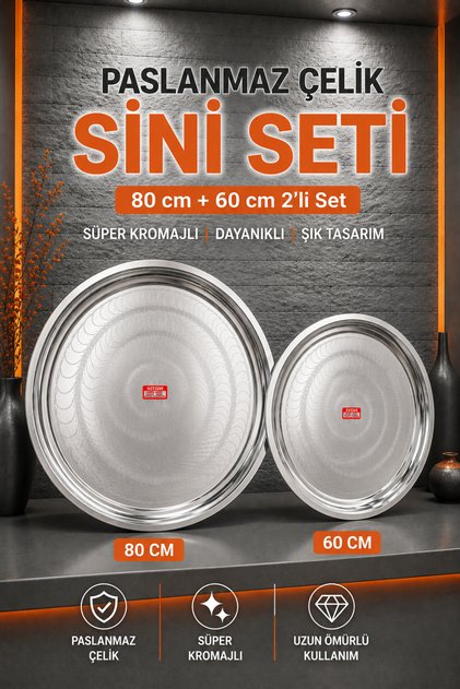 Paslanmaz Çelik Sini 80 cm + 60 cm 2’li Set | Süper Kromajlı Büyük Sofra Yemek Servis Tepsisi