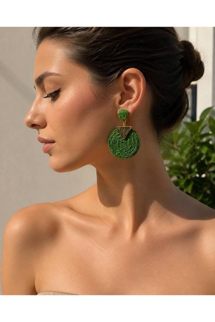 Wicker Round Earring Set – Green, Orange and Brown