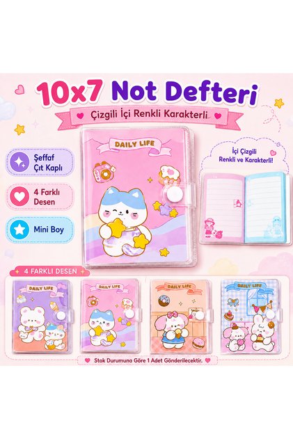 10X7 Mini Lined Notepad and Homework Notebook with Cute Kawaii Characters – Transparent Snap Cover with Colorful Characters