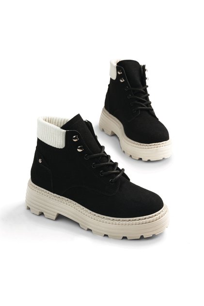Damen-Stiefel aus schwarzem Wildleder mit bequemer Passform und kurzer Schnürung aus Wildleder