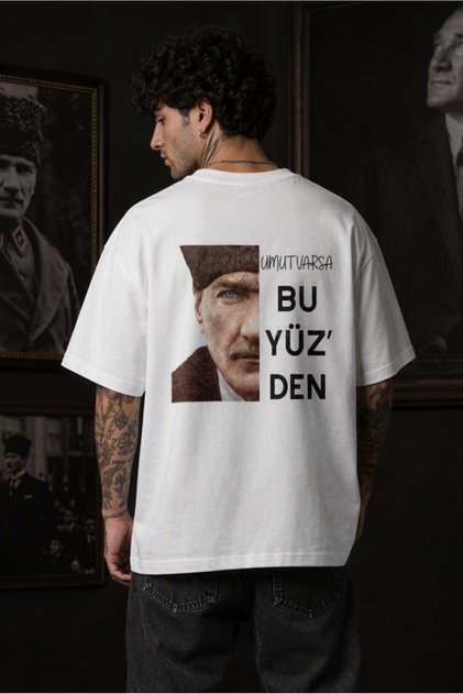 Atatürk Unisex Oversize T-Shirt - Special Collar Printed 24/1 Cotton