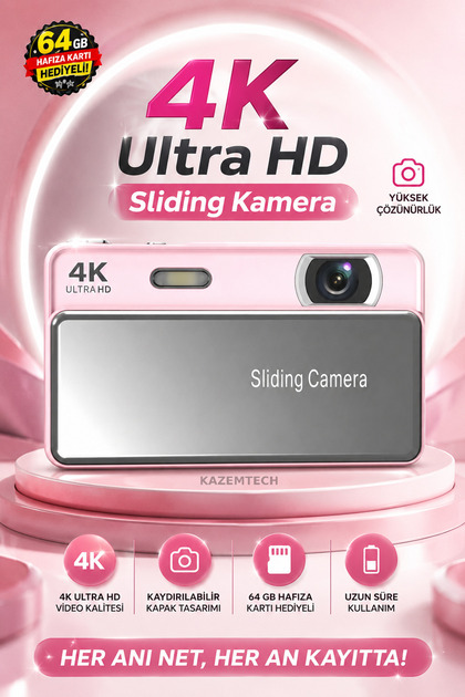 4K Dijital Sliding Resim Video Kamera Kızaklı Lens Koruma Kapaklı 64MP 16X Zoom Flaşlı (64GB) Kart Dijital Vlog Fotoğraf Makinesi