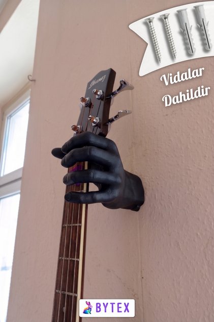 Gitar Duvar Askı Aparatı (Montaj vidaları dahil) - El Şeklinde Tasarım - Keman & Ukulele Uyumlu Siyah Renk