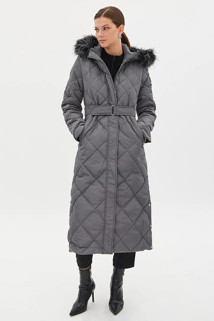 Diamond Patterned Faux Fur Goose Feather Coat Smoked