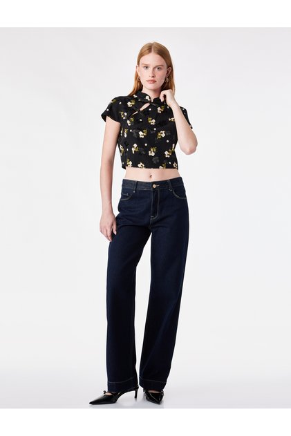 Fancy Buttoned Short Sleeve Floral Print Stand Qipao Collar Crop Blouse