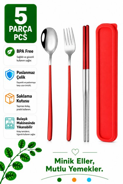 Red Color Premium Kids' Stainless Steel Fork, Spoon, and Chopstick Set, 5 Pieces (24+ Months)