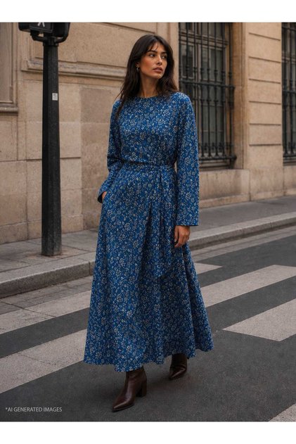 Blue Floral Patterned Belted Hijab Dress -