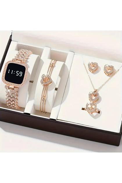 Gold Women Led Watch 6pcs Set Fashion Casual Digital Watch FREE Bracelet Ring Necklace Earring