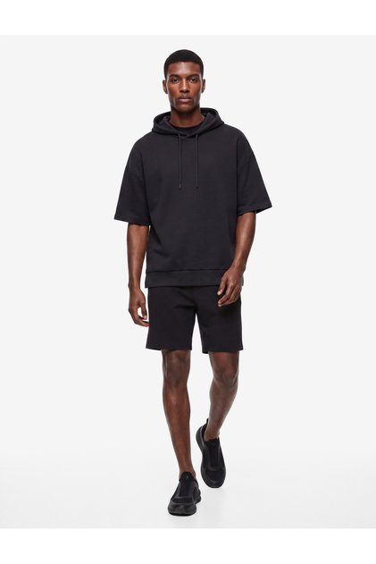 Kısa Kollu Kapşonlu Pamuklu Oversize Spor Sweatshirt