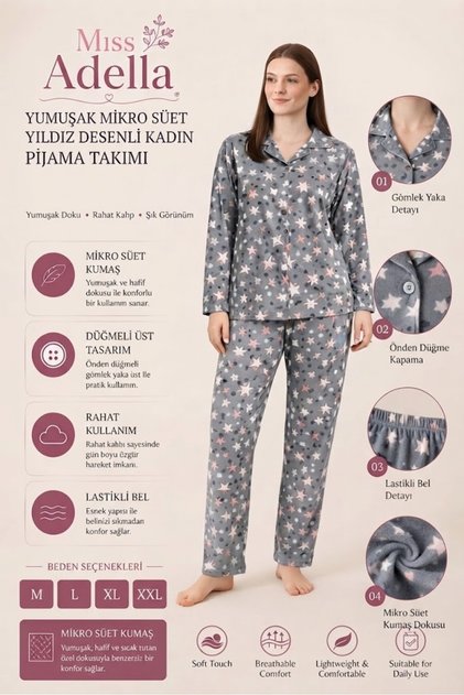 Women's Buttoned High Neck Long Sleeve Patterned Elastic Waist Nightgown Tracksuit Pajama Set