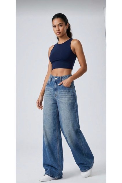 Kadın mavi renk baggy 9w_4 yüksek bel %100 koton denim pantolon