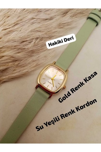 Vintage Design Gold Color Case, Genuine Leather Water Green Color Strap, White Color Dial