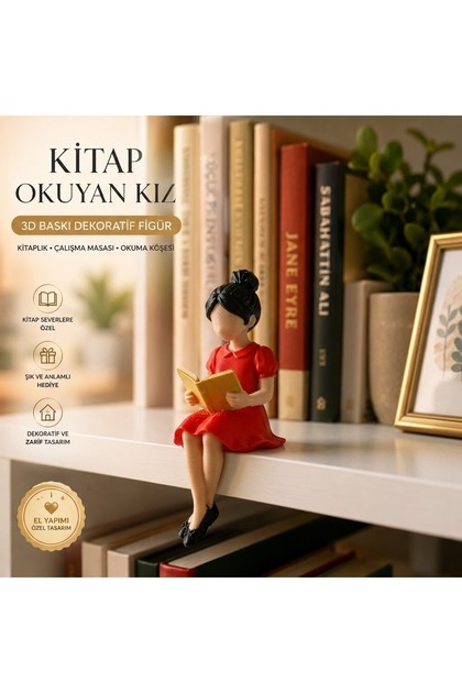 Kitap Okuyan Kız Renkli Elbiseli Biblo 3D Baskı Dekoratif Figür | Kitaplık Çalışma Masası Dekoru | Okuma Köşesi Aksesuarı