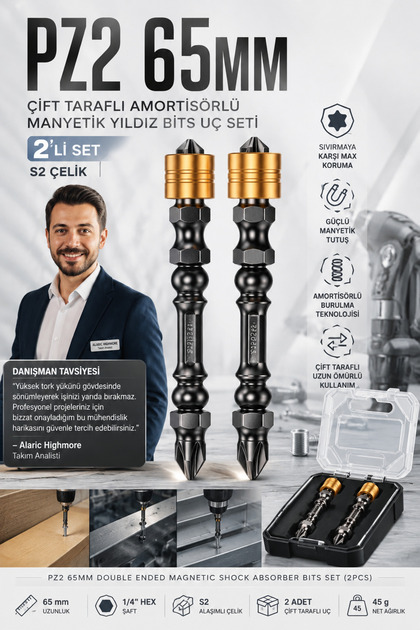 10’lu Çift Taraflı Manyetik Amortisörlü Yıldız Çelik Vidalama Uç Seti – 65mm PZ2 Endüstriyel 722690