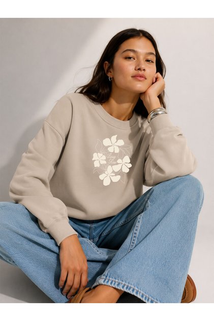 Women's Lossy Rowe Graphic Floral Printed Comfortable Fit Crew Neck Beige Sweatshirt