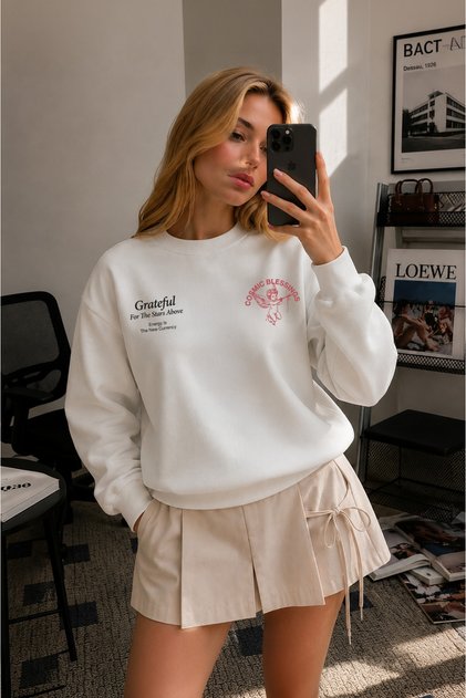 Women's Cosmic Greatidul Angel Printed Comfortable Fit Crew Neck White Sweatshirt