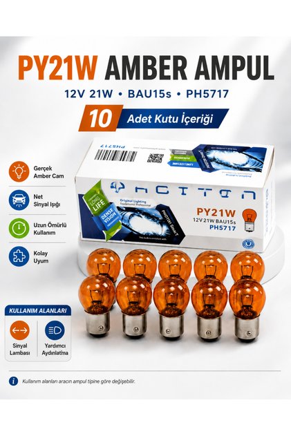 PY21W Amber Turuncu Cam Ampul 10 Adet Set 12V 21W BAU15s Sinyal Park Ampulü