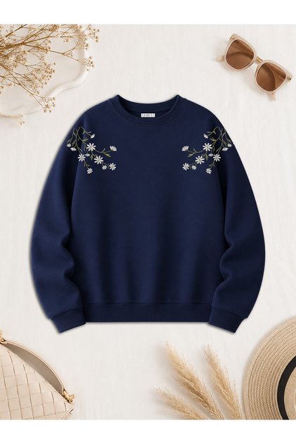 Women's Green Branch Shoulder Printed Comfortable Fit Crew Neck Navy Blue Sweatshirt