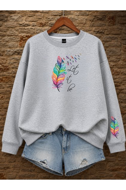 Women's Left It Palm Sleeve Printed Comfortable Fit Crew Neck Gray Sweatshirt