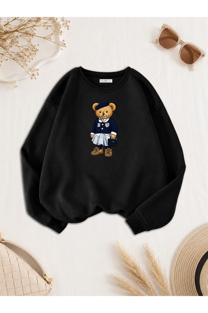 Women's Bear Bear College Printed Comfortable Fit Crew Neck Black Sweatshirt