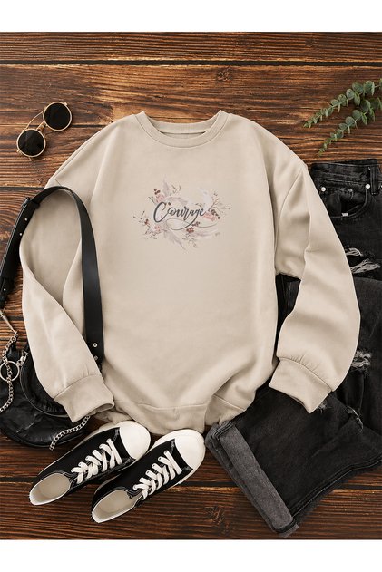 Women's Couvgre Written Floral Patterned Comfortable Fit Crew Neck Beige Sweatshirt