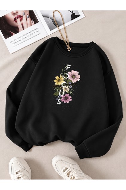 Focus Floral Printed Comfortable Fit Crew Neck Black Sweatshirt