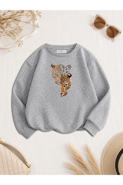 Women's Shadow Leopard Tiger Printed Comfortable Fit Crew Neck Gray Sweatshirt