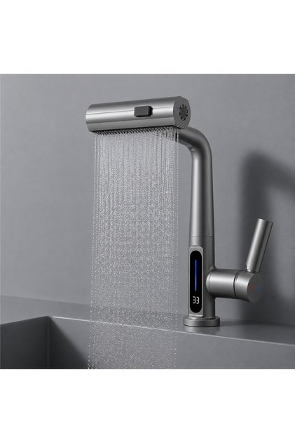 3-Mode Led Temperature Display Pull-Out Waterfall Faucet 360 ° Swivel Kitchen Bathroom Sink Faucet