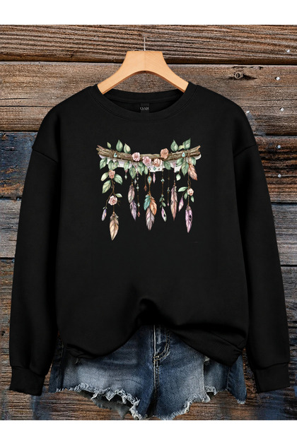 Women's Branch Flowers and Feather Printed Comfortable Fit Crew Neck Black Sweatshirt