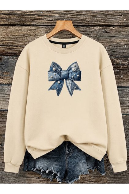 Women's Denim Ribbon Bow Graphic Printed Comfortable Fit Crew Neck Beige Sweatshirt