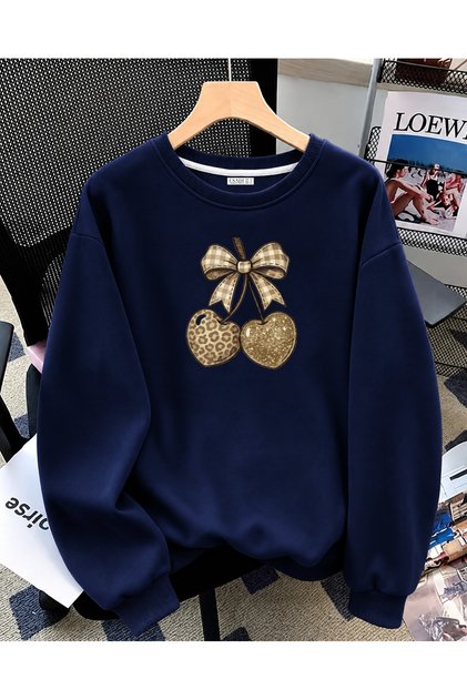 Women's Ribbon Cherry Design Printed Comfortable Fit Crew Neck Navy Blue Sweatshirt