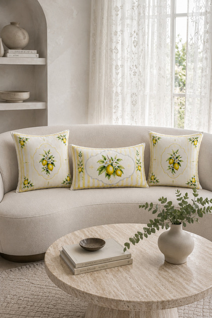 Yellow Lemon Patterned 3-Piece Decorative Throw Pillow Cover Set