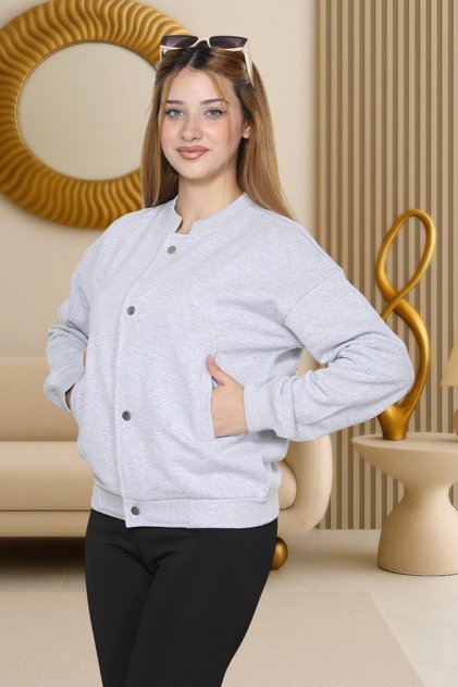 Kadın Gri Bomber Çıtçıt Düğmeli Sweatshirt Ceket Rahat Kalıp