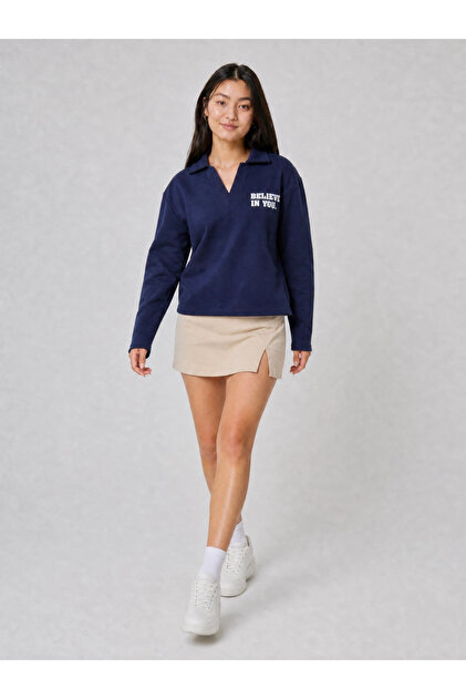 Kadın Lacivert Believe In You Baskılı Polo Yaka Spor Sweatshirt