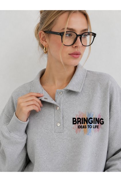 Women's Gray Chest Printed Polo Collar Snap Button Low Shoulder Sweatshirt