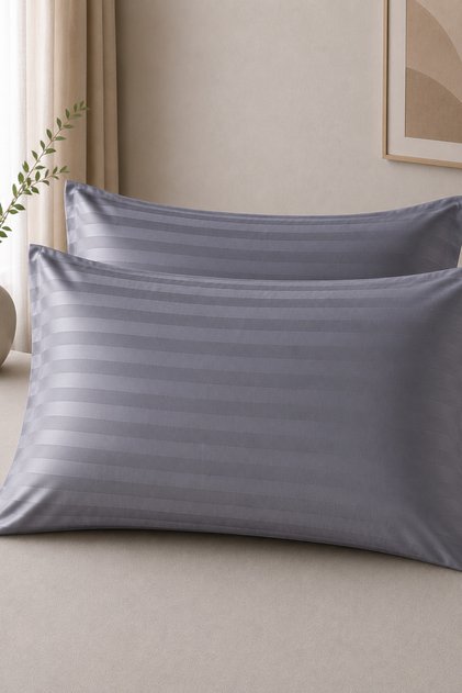 طقم من 2 غطاء وسادة مخطط من القطن الساتان - 83 خيط (210 TC) أنثراسايت 50x70